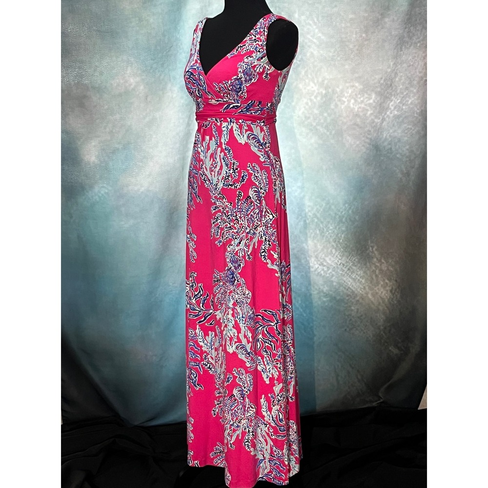 Lilly Pulitzer Sloane Pink Coral Reef Print XS Maxi Dress V-Neck Resort Gown - Picture 2 of 8